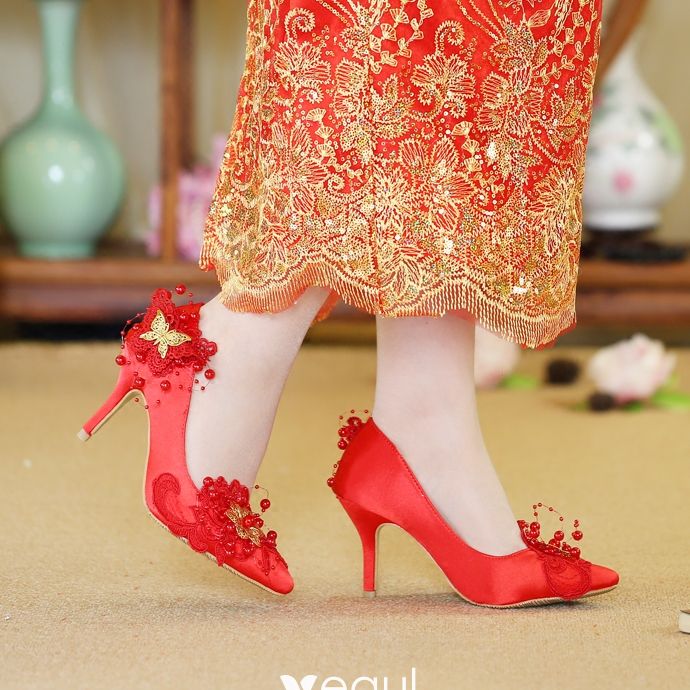 Affordable Red Wedding Shoes 2019 Beading Pearl Butterfly Lace Flower 8 ...