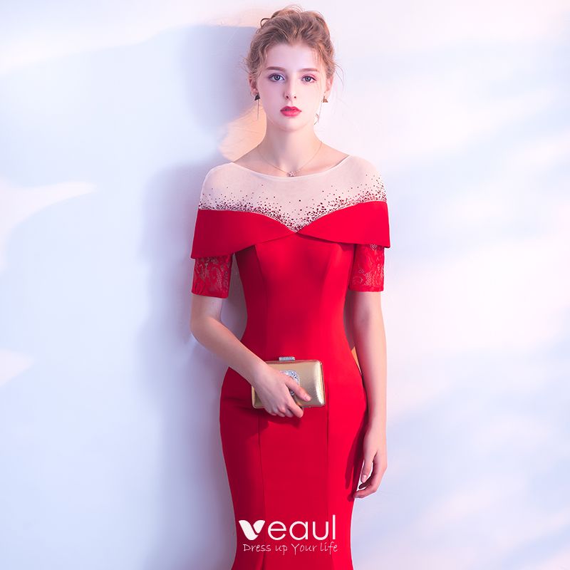 Chic / Beautiful Red Evening Dresses 2018 Trumpet / Mermaid Scoop Neck ...