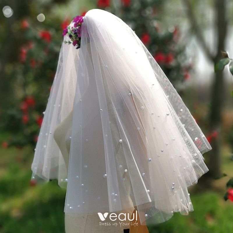 Modern / Fashion White Short Wedding Veils 2020 Handmade Tulle Beading  Embroidered Pearl Wedding Accessories