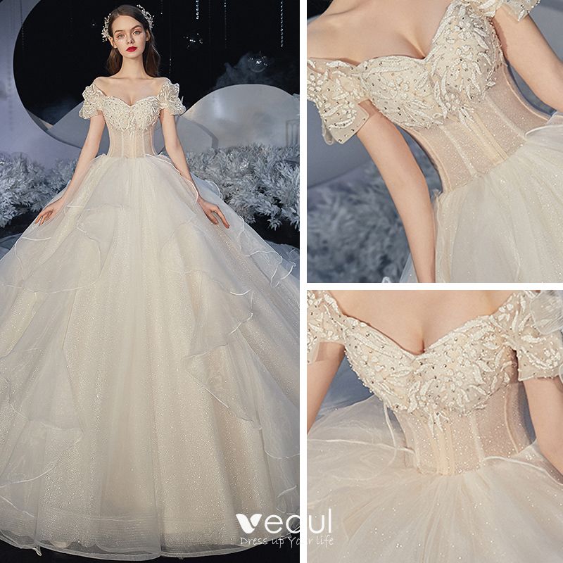 Elegant Champagne Corset Wedding Dresses 2020 Ball Gown Off-The ...