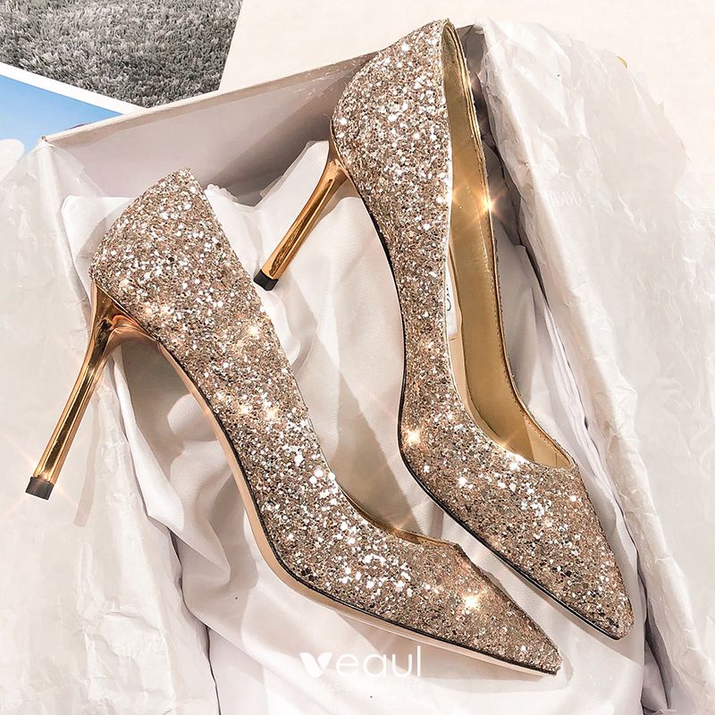 Sparkly Gold Leather Wedding Shoes 2020 