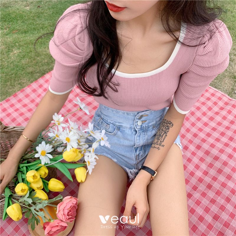 Vintage / Retro Summer Blushing Pink Knitting Tight T-Shirts 2021 U-Neck  Short Sleeve Women's Tops