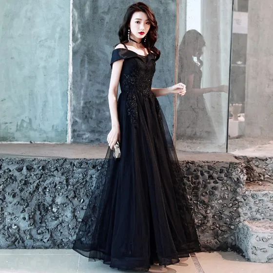 Charming Black Evening Dresses 2019 A-Line / Princess Spaghetti Straps ...