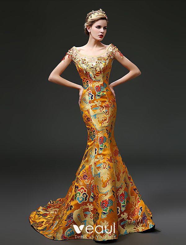 Yellow Chinese's Cheongsam Long Evening Prom Wedding Dress Ball Gown Brocade C40 