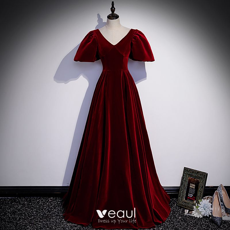 Elegant Burgundy Velour Prom Dresses 2022 A-Line / Princess Suede