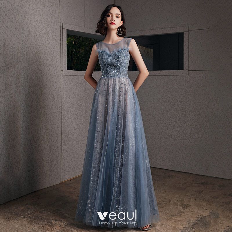 Chic Beautiful Ocean Blue See-through Evening Dresses 2020 A-Line Princess  Scoop Neck