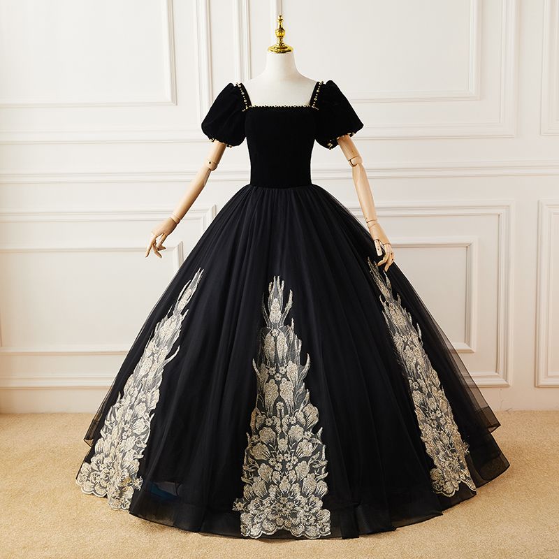 Elegant Black Suede Prom Dresses 2022 Ball Gown Square Neckline Puffy ...
