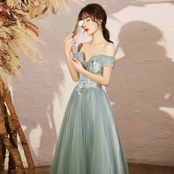 Elegant Sage Green Dancing Prom Dresses 2020 A-Line / Princess Off-The ...