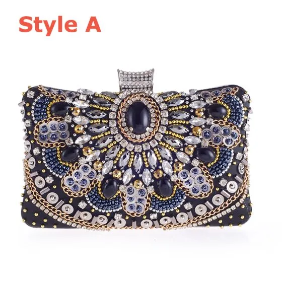 Luxury / Gorgeous Navy Blue Rhinestone Beading Pearl Metal Clutch Bags 2018