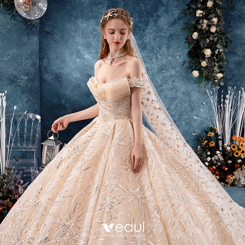 Bling Bling Champagne Wedding Dresses 2019 Ball Gown Off-The-Shoulder ...