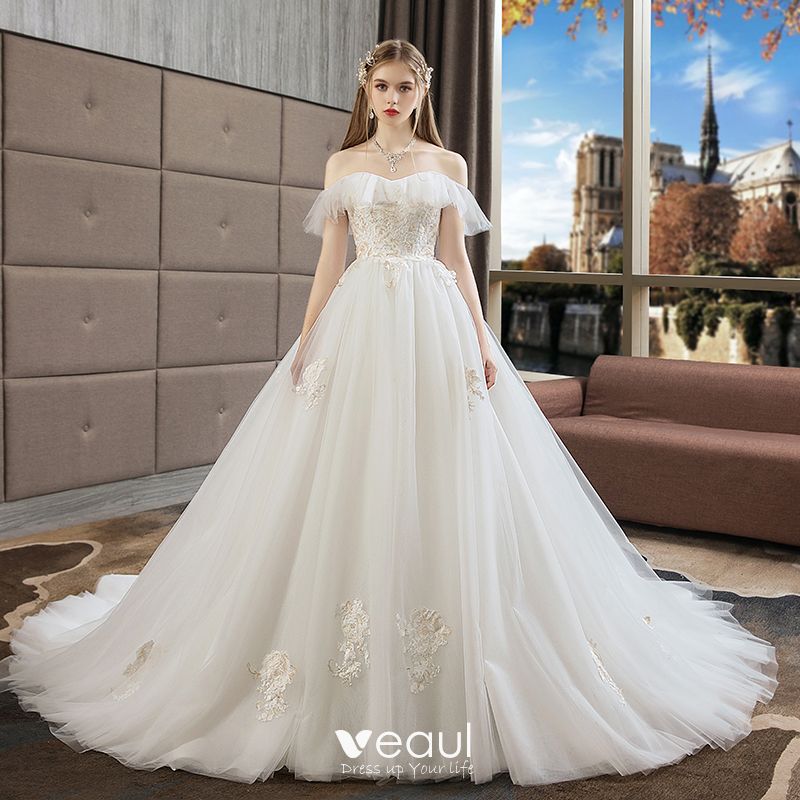 Elegant A-line Off-the-shoulder Tulle Lace Appliques Wedding Dress