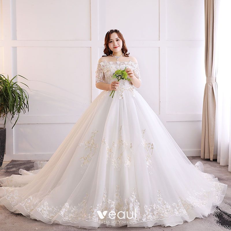 Luxury / Gorgeous White Plus Size Ball Gown Wedding Dresses 2019 Lace ...