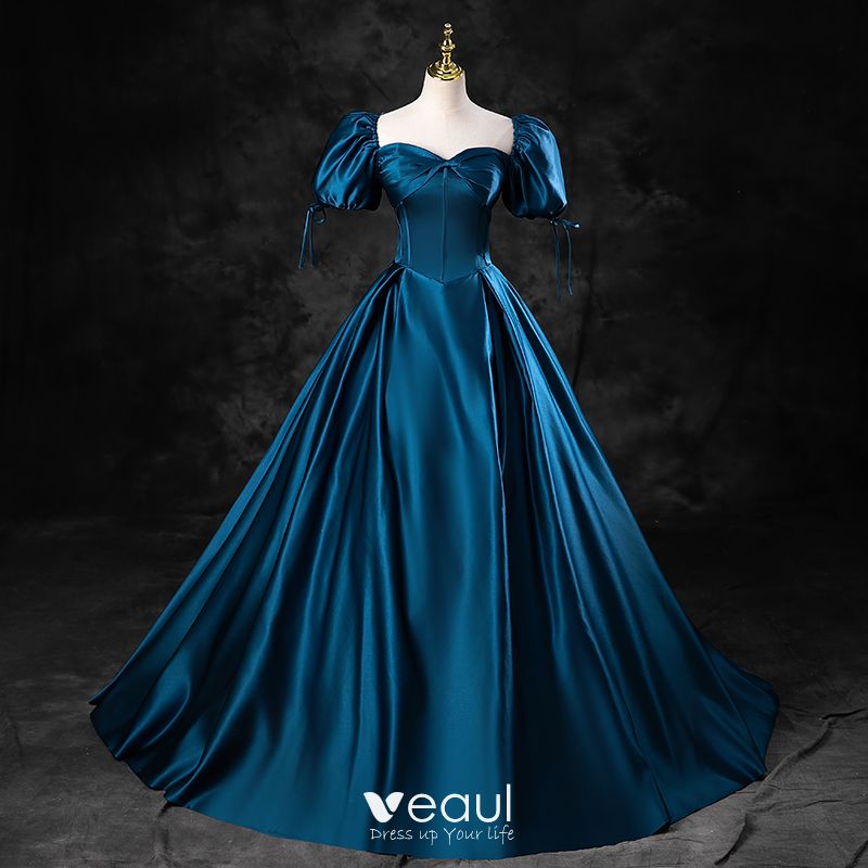 Vintage / Retro Ink Blue Satin Prom Dresses 2023 Ball Gown Square ...
