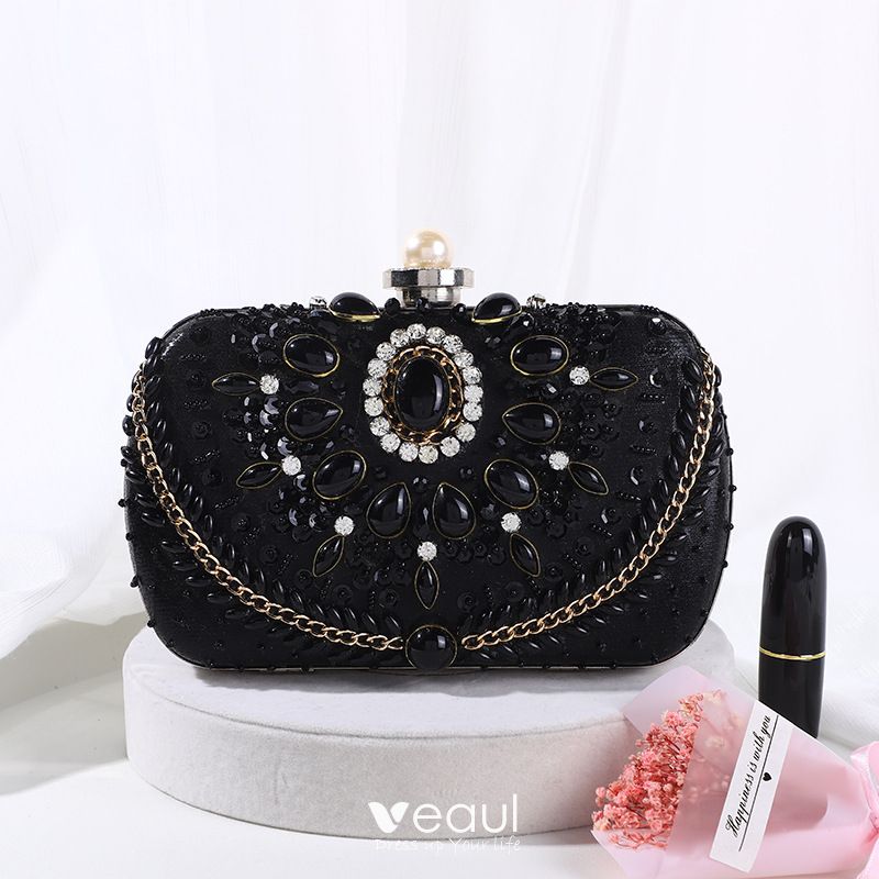 Fashion Black Satin Evening Party Clutch Bags 2022 Pearl Rhinestone Sequins  Clutch Bags