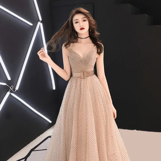 Classy Champagne Evening Dresses 2019 A-Line / Princess V-Neck ...