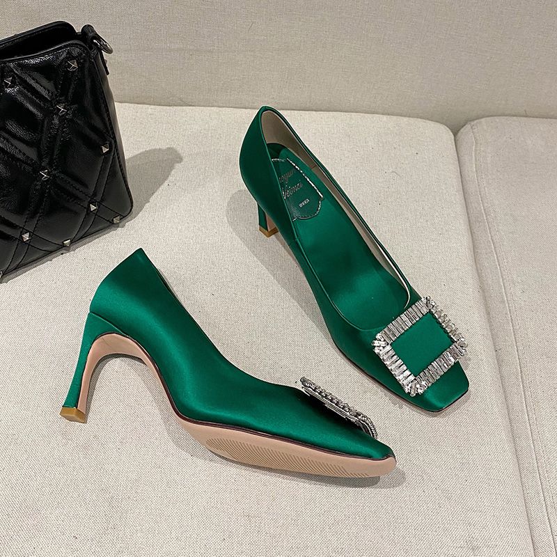 green silk pumps