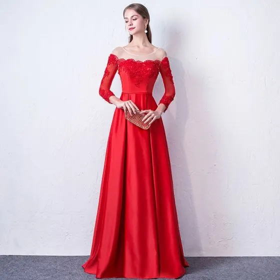 Elegant Red Evening Dresses 2017 A-Line / Princess Scoop Neck Long ...