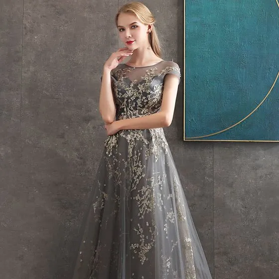 Elegant Grey Evening Dresses 2020 A-Line / Princess See-through Scoop ...