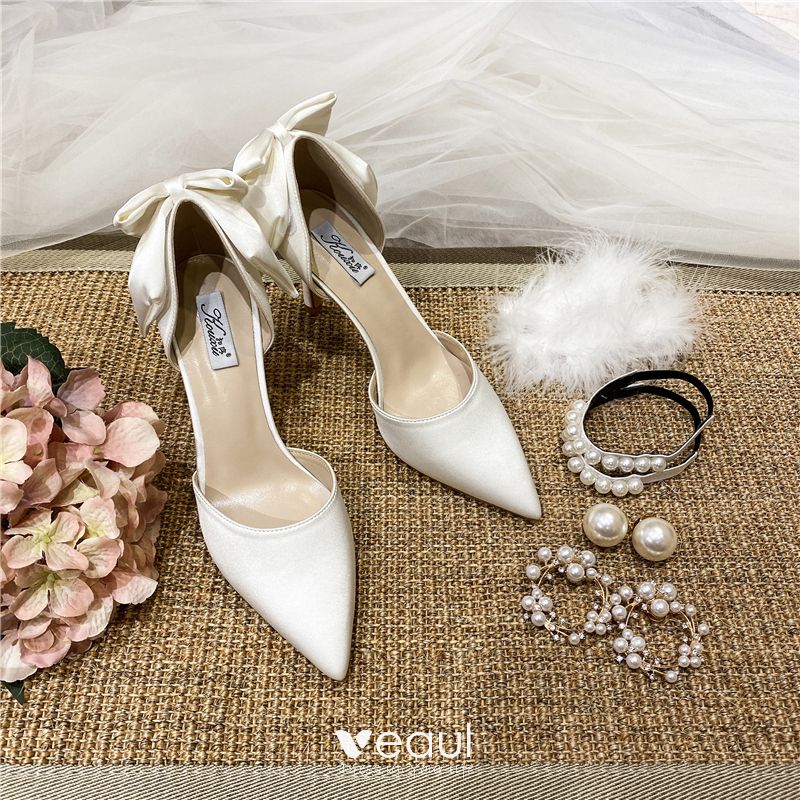  Women's Pearl White Wedding Shoes for Bride High Heels Pointed  Toe Bridal Shoes Satin Prom Party Dress Pumps Sandals | Pumps