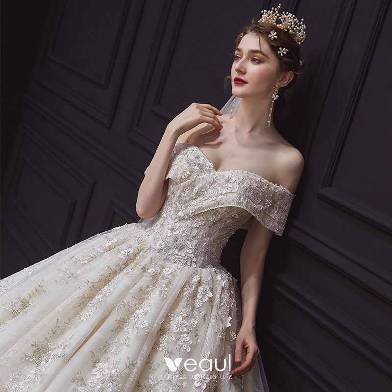 Luxury / Gorgeous Champagne Bridal Wedding Dresses 2020 Ball Gown Off ...