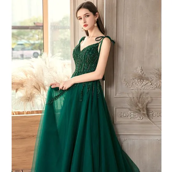 Affordable Dark Green Evening Dresses 2020 A-Line / Princess Spaghetti ...
