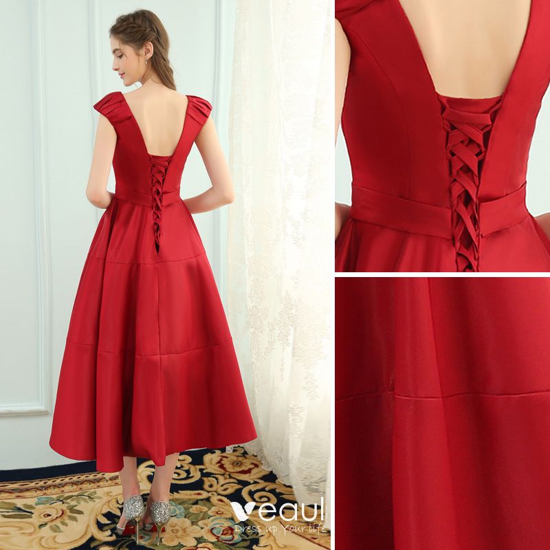 Modest / Simple Red Evening Dresses 2019 A-Line / Princess V-Neck Bow ...