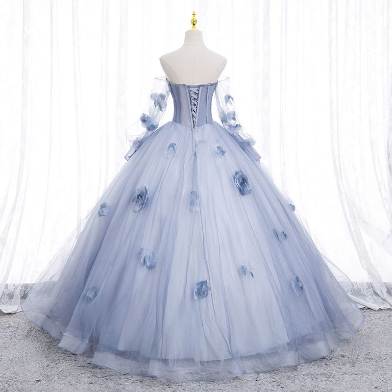 Elegant Sky Blue Appliques Prom Dresses 2023 Ball Gown Off-The-Shoulder 3/4  Sleeve Backless Floor-Length / Long Tulle Prom Formal Dresses