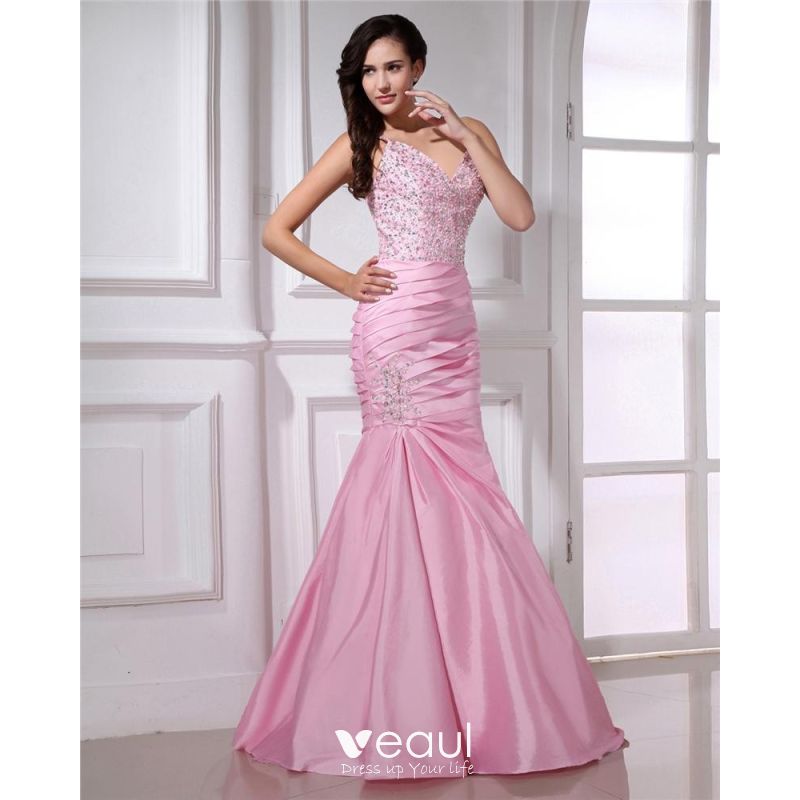 Spaghetti Straps Floor Length Pleated Taffeta Beading Women Mermaid Prom  Dresses