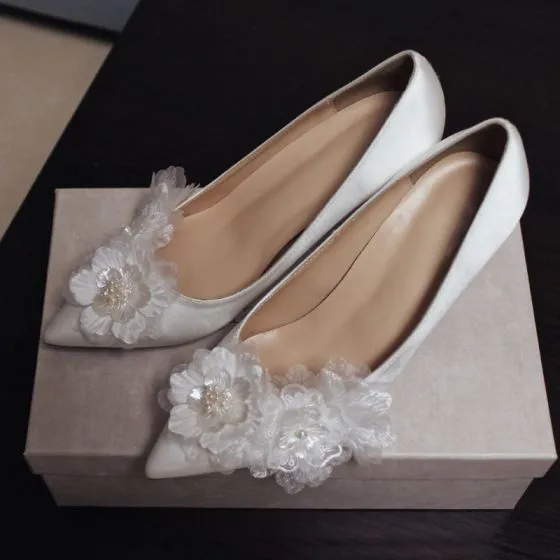 Elegant White Pearl Flower Wedding Shoes 2021 Leather 7 cm Stiletto ...