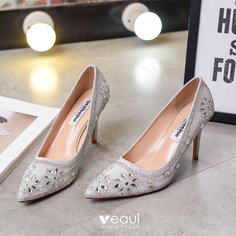 Classy Silver Wedding Shoes 2020 Rhinestone Sequins 9 cm Stiletto Heels ...