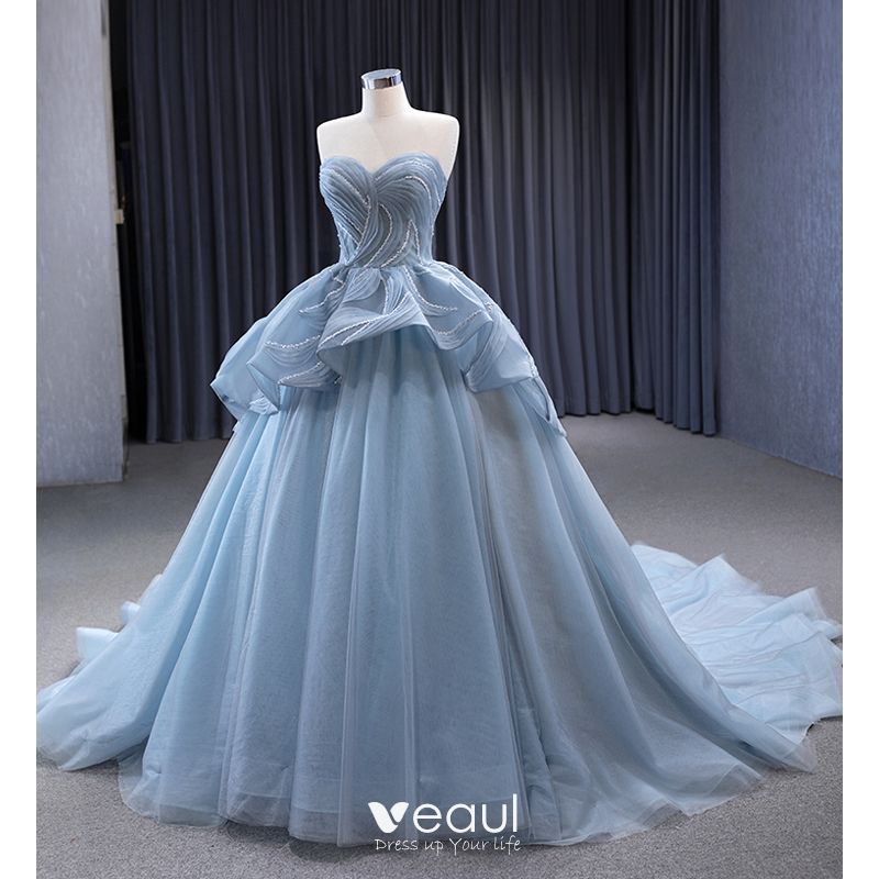 High-end Sky Blue Grey Beading Cascading Ruffles Prom Dresses 2023 Ball ...