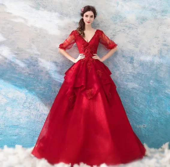 Amazing / Unique Red Floor-Length / Long Prom Dresses 2018 1/2 Sleeves ...