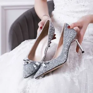 Sparkly Silver Wedding Shoes 2019 Sequins Bow 7 cm Stiletto Heels Pointed Toe Wedding Pumps