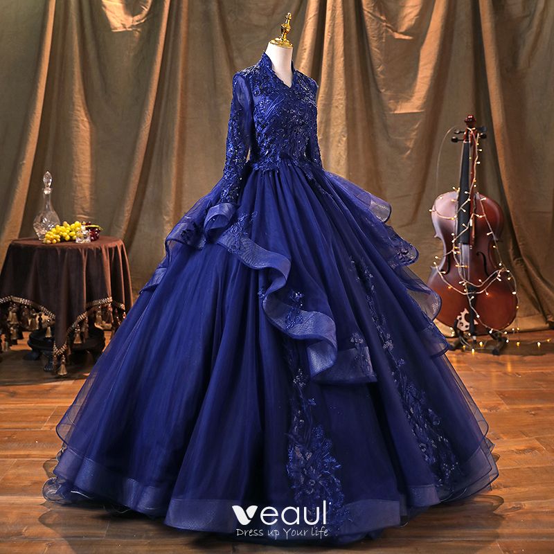 Vintage / Retro Navy Blue Pearl Sequins Lace Flower Prom Dresses 2022 ...