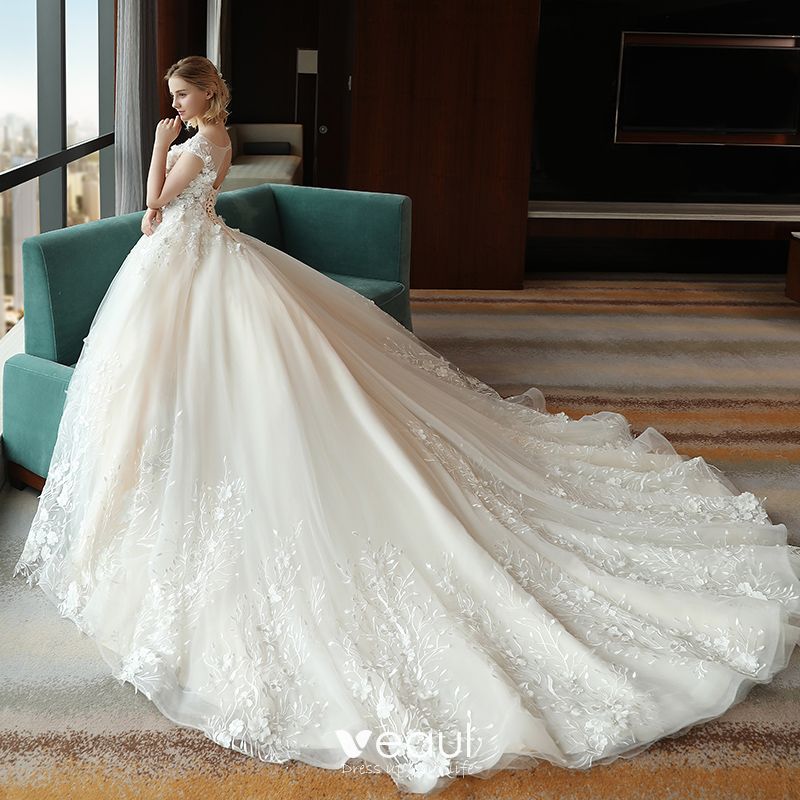 Chic / Beautiful Ivory Pierced Wedding Dresses 2018 Ball Gown Scoop ...