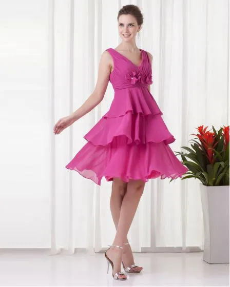 V Neck Knee Length Flower Pleated Ruffles Chiffon Women Little