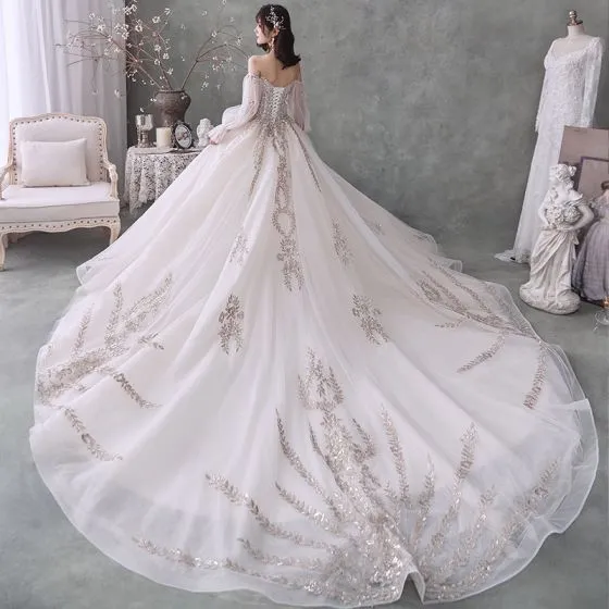 Luxury / Gorgeous Ivory Wedding Dresses 2020 Ball Gown Off-The-Shoulder ...