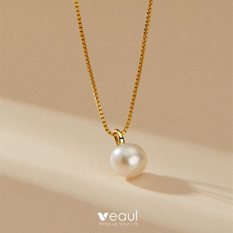 Modest / Simple Ivory Pearl Necklace 2020 Metal Wedding Bridal Jewelry  Accessories