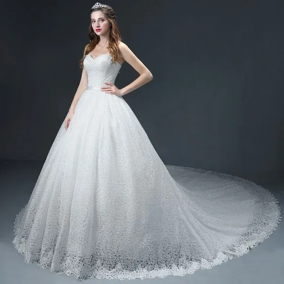 Luxury Gorgeous Ivory Lace Wedding Dresses 2017 Ball Gown Sweetheart Sleeveless Backless Sash 4686