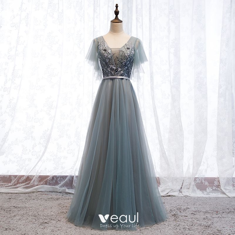 Elegant Grey Evening Dresses 2019 A-Line / Princess V-Neck Beading ...