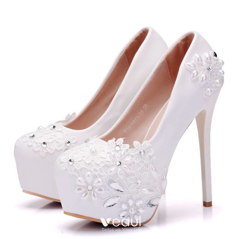 Modern / Fashion White Wedding Shoes 2018 Appliques Lace Pearl ...