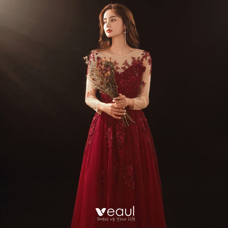 Romantic Burgundy Prom Dresses A Line Princess See Through Scoop Neck Long Sleeve Appliques Flower