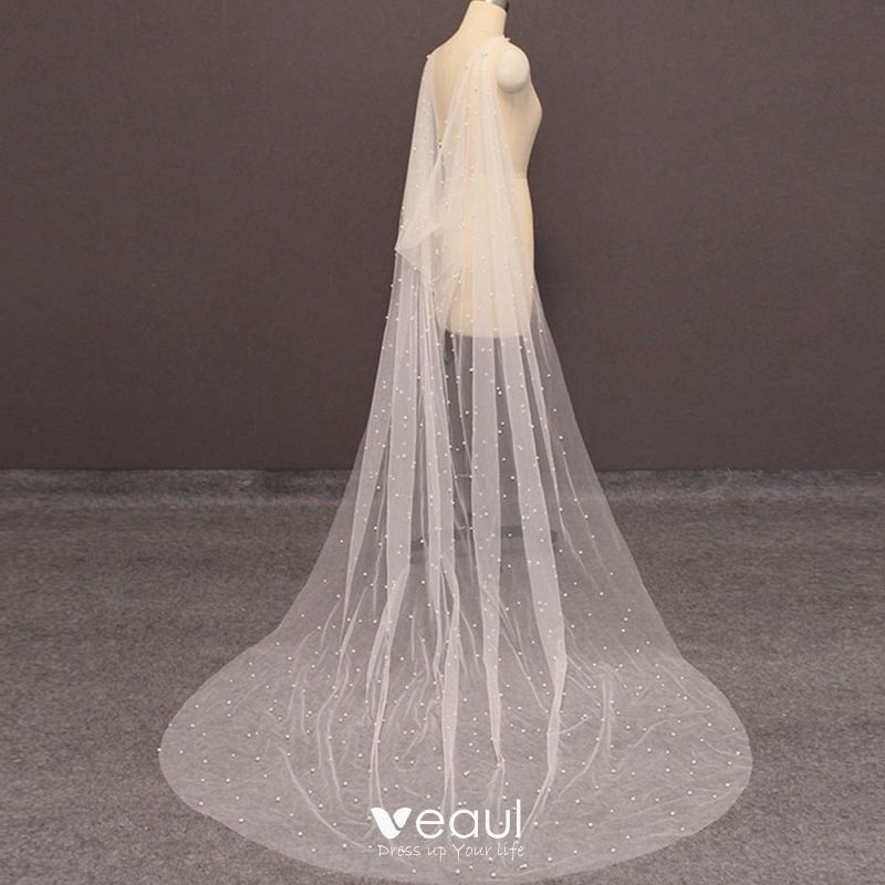 Pearls Long Veil Wedding Long Train White Ivory 3 Meters Cathedral