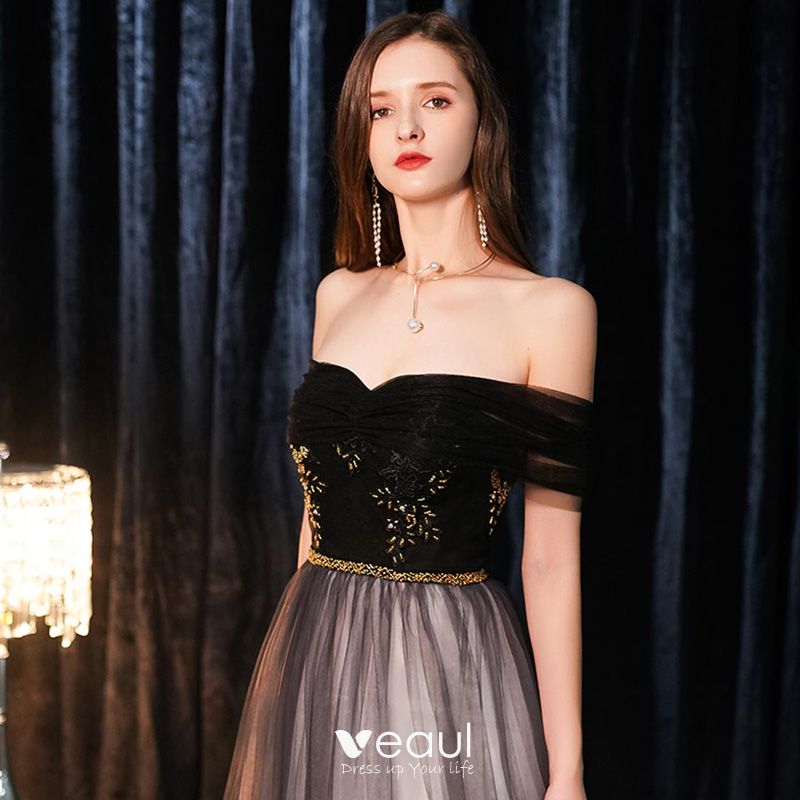 Elegant Black Evening Dresses 2019 A-Line / Princess Off-The-Shoulder ...