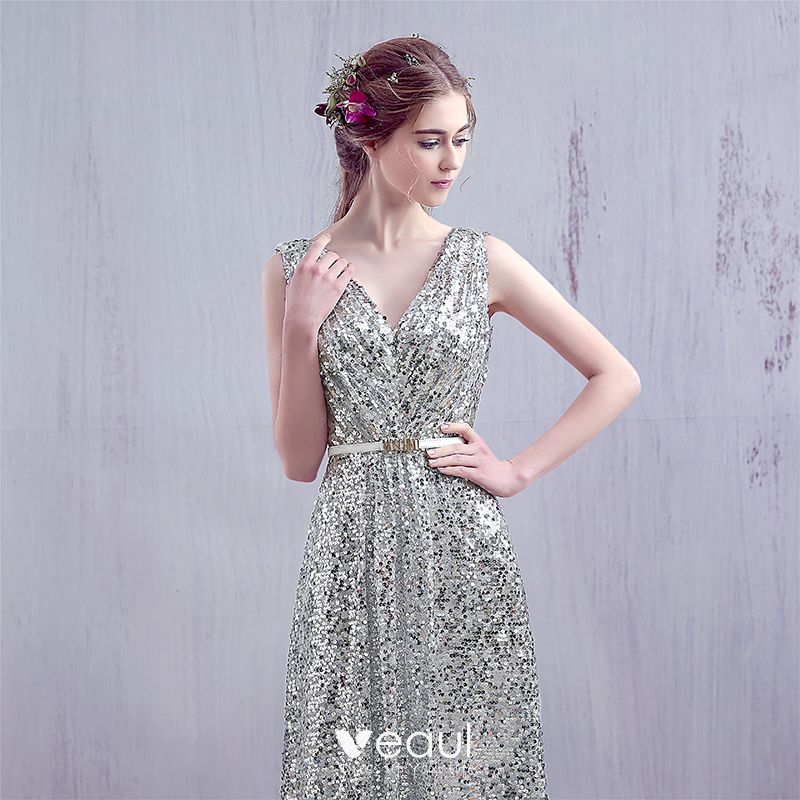 Sparkly Silver 2017 Evening Dresses V-Neck Lace Backless Glitter