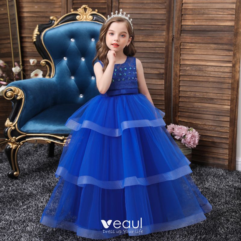 Chic Beautiful Royal Blue Birthday Flower Girl Dresses 2020 Ball Gown Scoop  Neck Beading