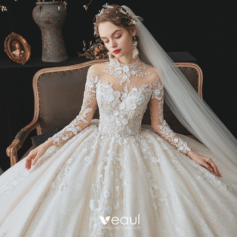 Romantic Champagne Bridal Wedding Dresses 2020 Ball Gown See-through ...