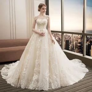 Charming Champagne Wedding Dresses 2019 A-Line / Princess V-Neck Beading Lace Flower Bell sleeves Backless Sweep Train