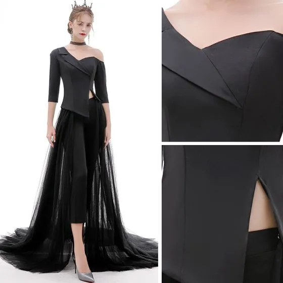 Fashion Black Jumpsuit 2020 One-Shoulder 1/2 Sleeves Detachable Sweep ...