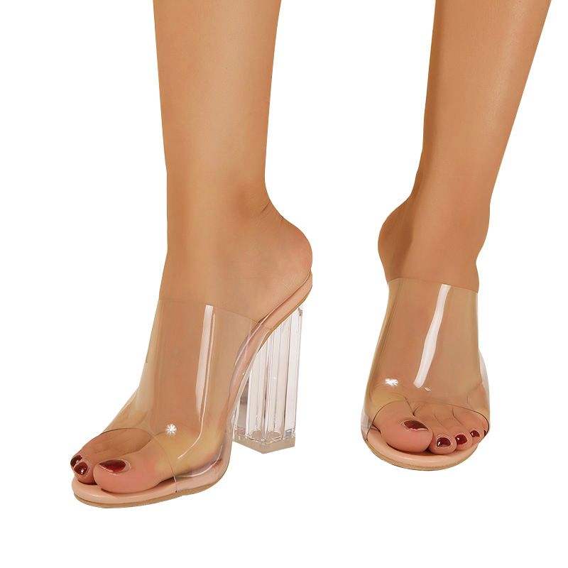 Transparent Summer Nude Cocktail Party Womens Sandals 2022 10 cm Crystal  Thick Heels Toe